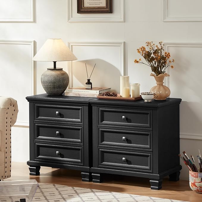 SAVOR LIFE Farmhouse Nightstand with 3 Drawers, Rustic Couch End Table with 4 Square Solid Wood Legs, Mid-Century Modern Bed Side Table with Storage, Small Dresser for Bedroom, Living Room, Black - Image 3
