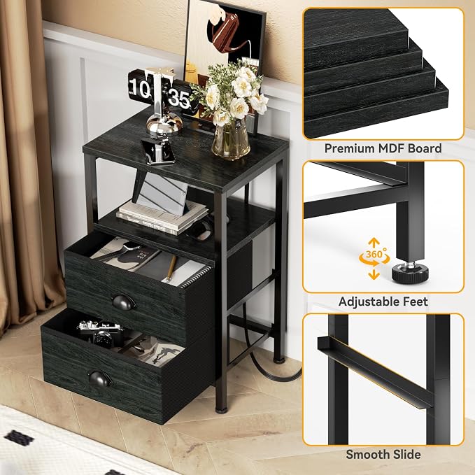 Furologee Nightstands Set of 2, End Tables with Charging Station and LED Lights, Black Night Stands with 2 Fabric Drawers, Bedside Tables Set of 2 for Living Room/Bedroom,Black Oak - Image 6