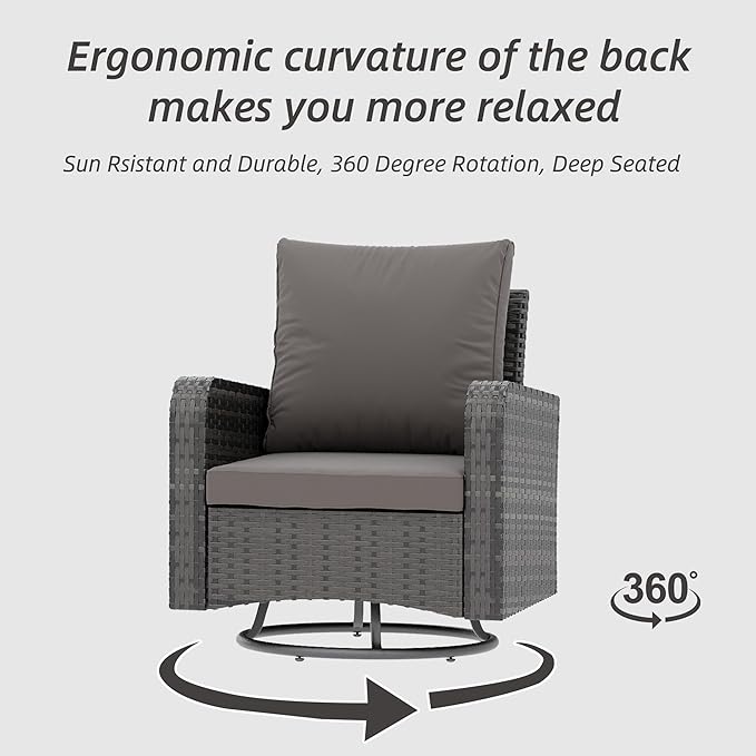 HOMREST 5 Piece Outdoor Patio Furniture Set-360 Wicker Swivel Chairs Set of 2 w/ 2 Ottoman, Coffee Table & Cushions Patio Bistro Set for Garden, Balcony (Grey)