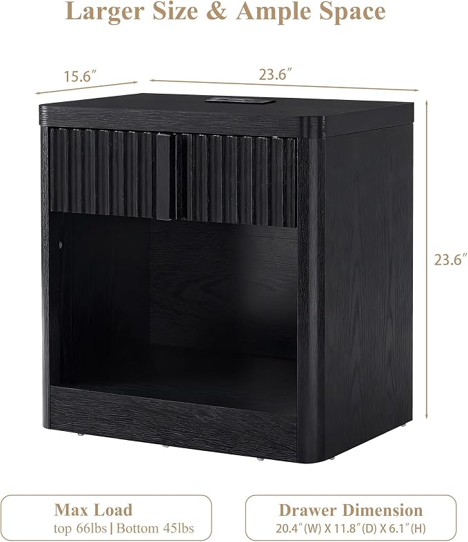 YANSNWO Fluted Nightstand with Charging Station, 23.6" Bedside Table with Open Shelf and Drawers Storage, End Table with Solid Wood Handle, Curved Profile Design, Night Stand for Bedroom, Black - Image 3