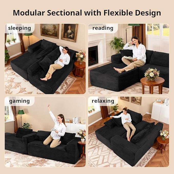 COMHOMA 105”Modular Sectional Sofa with Deep Seat,Cloud Upholstered L-Shape Couch Wide Arms Corduroy Fabric High-Density Foam Chaise Lounge for Living Room No Assembly Required