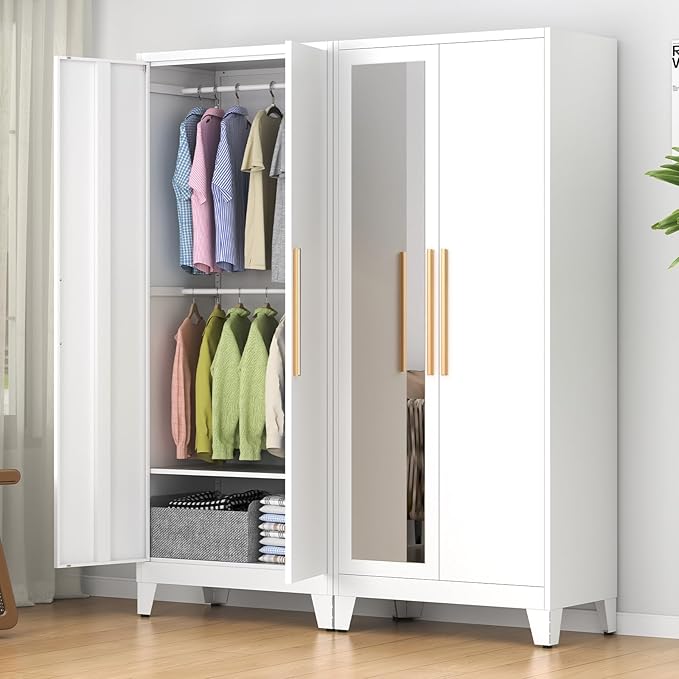75.3" Tall Metal Armoire Wardrobe Closet with Mirror Doors, 2 Adjustable Hanging Rods & Adjustable Shelf, Freestanding Storage Cabinet Organizer for Bedroom, Office, Laundry Room, White