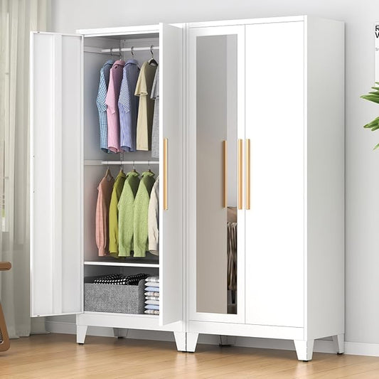 75.3" Tall Metal Armoire Wardrobe Closet with Mirror Doors, 2 Adjustable Hanging Rods & Adjustable Shelf, Freestanding Storage Cabinet Organizer for Bedroom, Office, Laundry Room, White