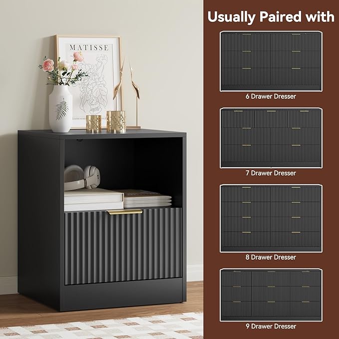 8 Drawer Dresser & Nightstand Set 3-Piece, 55” Wide Bedroom Dresser Set Night Stand Set of 2 with Metal Handle, Fluted Modern Wood Chest of Drawers Storage Dressers Set for Bedroom, Black