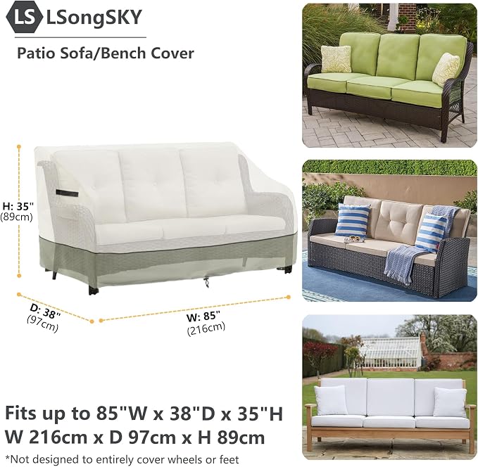 Patio 3-Seater Sofa Cover,Outdoor Couch Cover Fits up to 85W x 38D x 35H Inches,100% Waterproof Heavy Duty Patio Furniture Covers,Beige & Gray-Green - Image 3