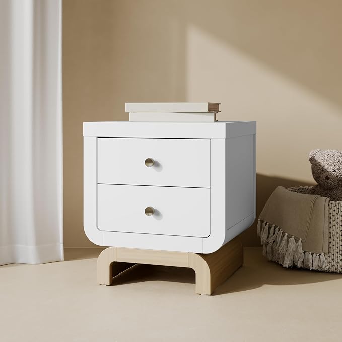 Storkcraft Santorini 2 Drawer Nightstand (White & Driftwood) - GREENGUARD Gold Certified Nightstand for Kids Bedroom, Premium Wood with Curved Base, “Champagne” Metal Knobs - Image 2