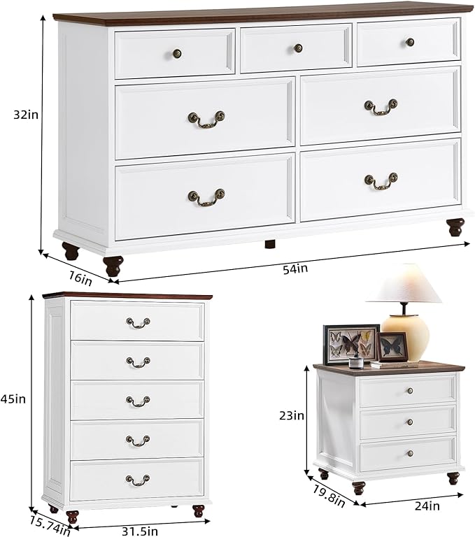 Joaxswe 24" Wide Farmhouse Nightstand Set of 2, 54" 7 Drawers Dresser, 45" Tall Rustic Chests of 5 Drawers w/ 4 Solid Wood Feet, Farmhouse Furniture Series for Living Room,Bedroom,White