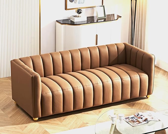 Direct Glam Fabric Upholstered Solid Wood Frame 82.7" Art Deco Sofa for Living Room, Office, Sophisticated 3 Seater Couch, Brown