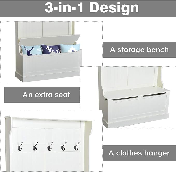 HOMCOM Hall Tree with Bench and Shoe Storage, 3-in-1 Entryway Bench with Coat Rack, 5 Hooks and Flip Top Storage Compartment, Cream White - Image 4