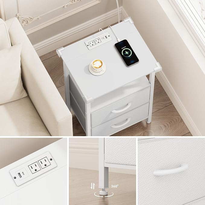 Vagusicc Nightstand Set of 2 with Charging Station, Bed side tables bedroom set of 2 with LED Lights, White Night Stands with 2 Fabric Drawers, 24.2" Tall Bedside Tables with Storage Shelf for Bedroom - Image 6
