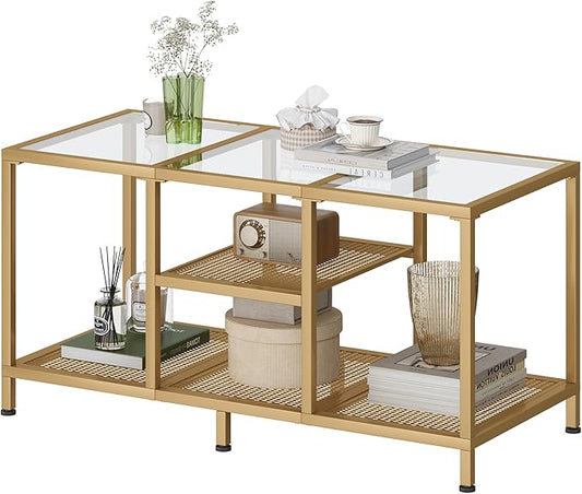 Glass Coffee Table, Coffee Tables for Living Room, Small Center Table, Modern Coffee Table with Open Storge&Metal Frame, Rectangular Coffee Tables for Small Space, Home Office, Gold