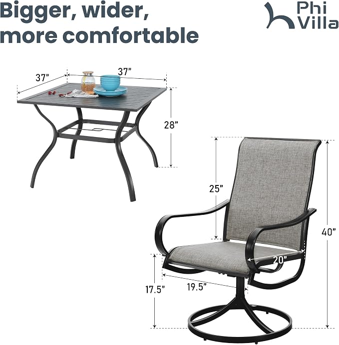 PHI VILLA 5 Piece Patio Dining Set Clearance with 4 Swivel Dining Chairs & 1 Square Metal Dining Table with 1.57 inches Hole, for Outdoor Kitchen Lawn & Garden Black Coated - Image 8