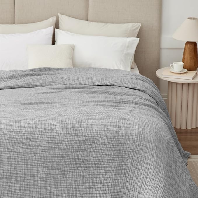100% Cotton Muslin Blanket Queen 90" x 90", Breathable and Lightweight Cotton Throw Blanket for Bed, Soft Cooling Summer Gauze Blanket for Adults All Season, Light Grey