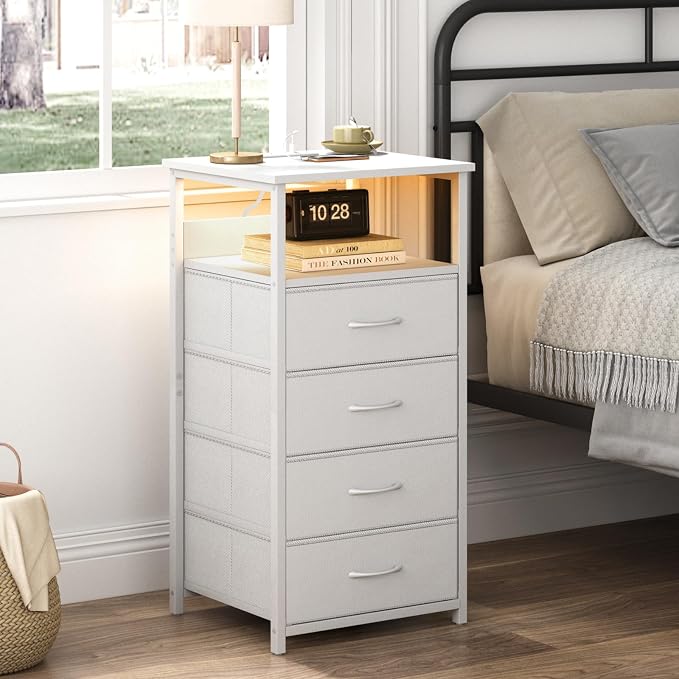 Fixwal Tall Nightstand with Charging Station, Night Stand with U-S-B Ports and Outlets, 4 Fabric Storage Drawers with PU Finish, Small Dresser Bed Side Table, White - Image 6