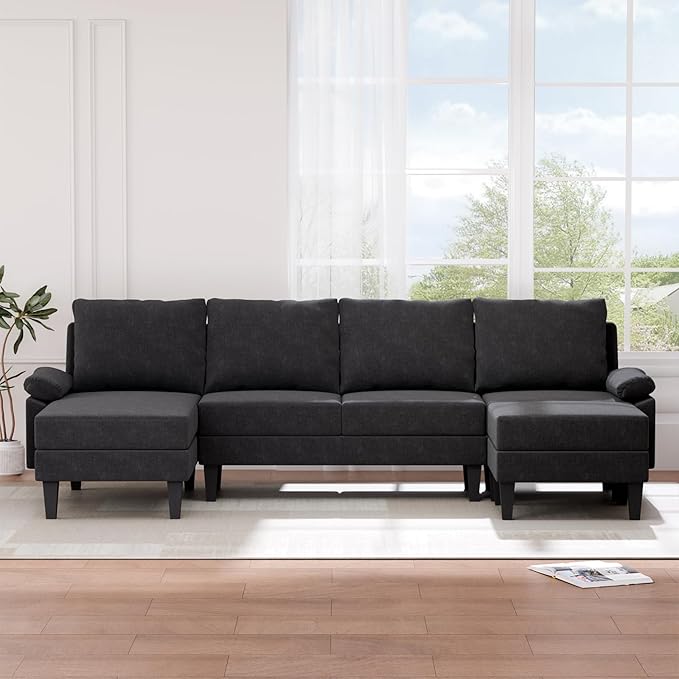 Sectional Couches for Living Room Furniture Sets, 4 Seat L Shaped Couches with Ottoman, Modular Sectional Sofa for Apartment Furniture Sets, Linen Black