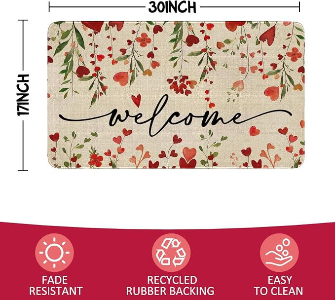 Faptoena Valentines Door Mat,Valentines Red Love Heart Floral Indoor Outdoor Non-Slip Doormat,Entryway Front Porch Valentine's Welcome Mat for Entrance Decor 30" x 17" - Image 3