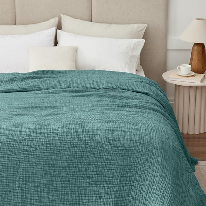 100% Cotton Muslin Blanket King 108" x 90", 6 Layers Breathable and Lightweight Cotton Throw Blanket for Bed, Soft Quilt Bedspread Coverlet, Gauze Blanket for Adults All Season, Teal