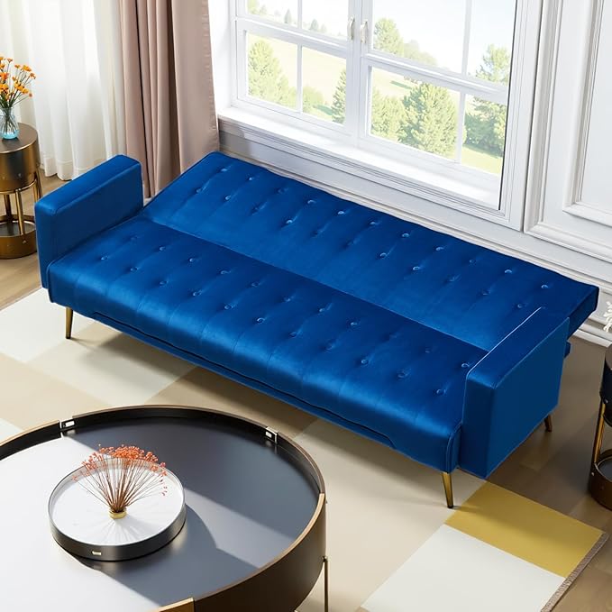 Rovibek Futon Sofa Bed, Convertible Futon Couch, Modern Futons Bed with Adjustable Backrest, Metal Legs, Living Room Apartment Office Fouton, Blue