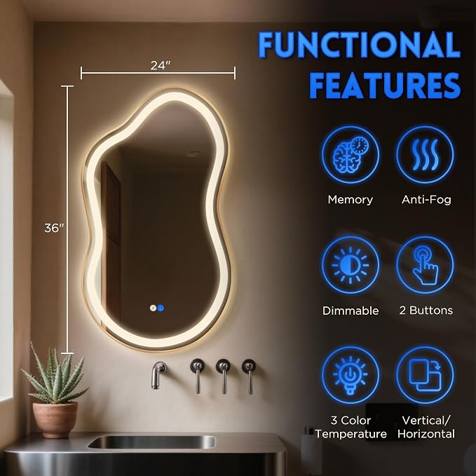 Irregular Led Backlit Bathroom Mirror -24"x36" Single Piece, Asymmetrical Cloud Lighted Vanity Mirror with Lights for Wall, Anit-Fog, Dimmable, Memory (Vertical/Horizontal) - Image 2