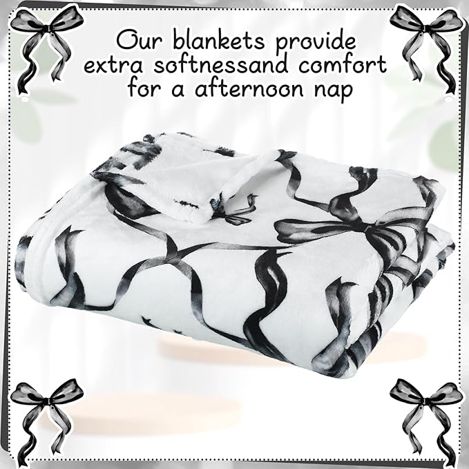 Buryeah Black Bow Throw Blanket Valentine's Day Galentines Day Gifts Preppy Blanket Coquette 50 X60 Flannel Soft Cute Bow Lightweight Aesthetic Room Decor for Women Friends for Sofa Couch Travel Bed