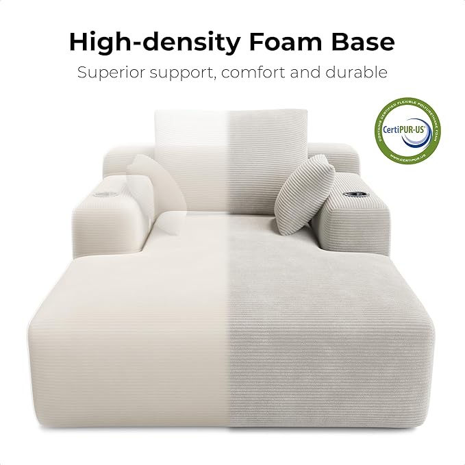 LIKIMIO 71.6" Oversized Chaise Lounge Chair Indoor with Cup Holders & Storage - Corduroy Sofa Bed for Living Room, Reading Nook, or Bedroom, No Assembly Cloud Couch (Greige) | Chaise Lounge Indoor, OEKO‑TEX corduroy, Cup holders|storage, CertiPUR‑US fo...