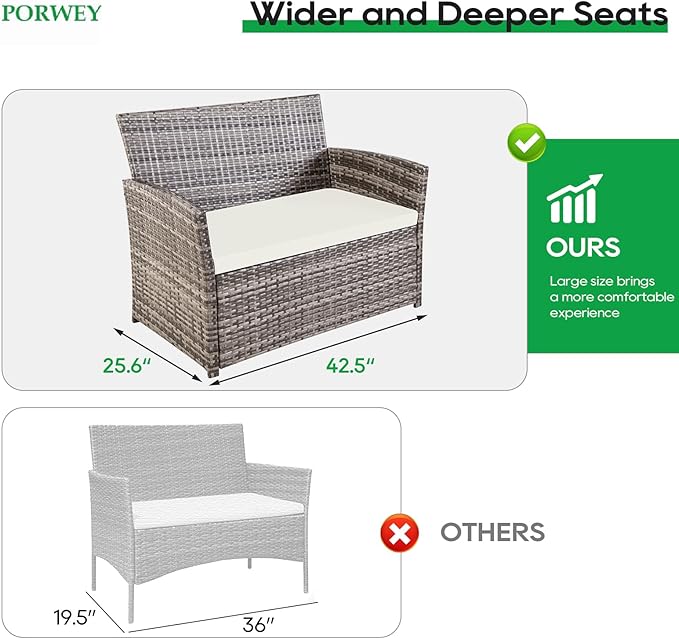 4 Piece Patio Furniture Set, Outdoor Wicker Conversation Set with Coffee Table, Modern Weather-Resistant Rattan for Porch Garden Lawn, Gray Wicker/Beige Cushion