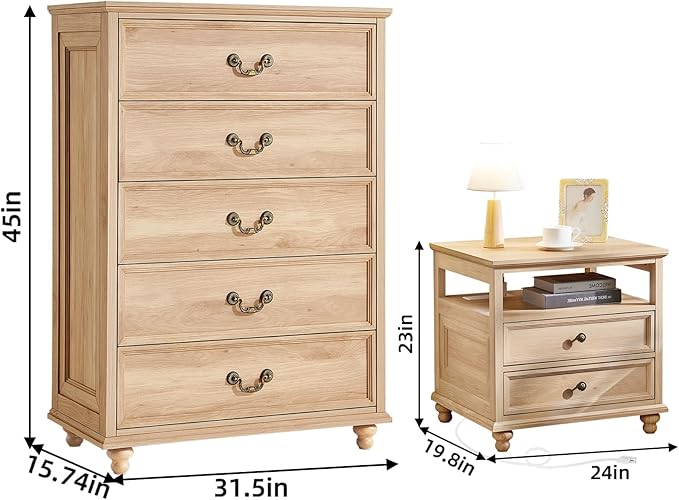 Joaxswe 24" Wide Farmhouse Nightstand with Charging Station Set of 2, 45" Tall Rustic Chests of 5 Drawers w/ 4 Solid Wood Feet, Farmhouse Furniture Series for Living Room,Bedroom,Wood