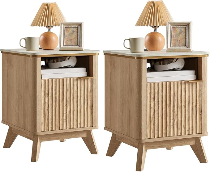 QUW Fluted Nightstands Set of 2 with Charging Station, 18" Modern Side Table, Wooden Bedside Table with Faux Marble Top, Open Storage, Cabinet, End Table for Bedroom, Living Room, Natural Oak by QUW