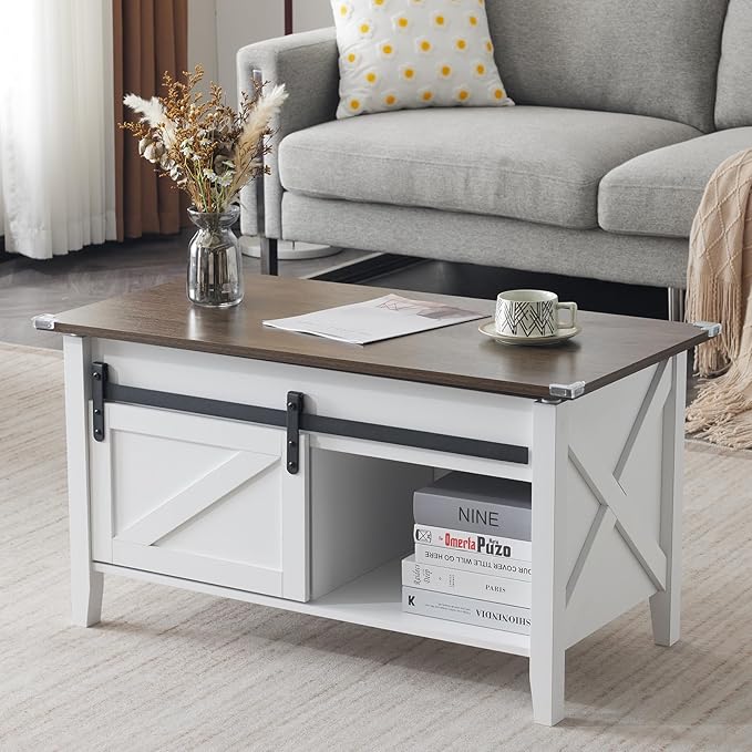 VINGLI Farmhouse Lift Top Coffee Table, Rustic Grey with Storage Shelf/Hidden Compartment, Mesa De Centro para Sala, Rustic Brown (White Oak, 36" L)
