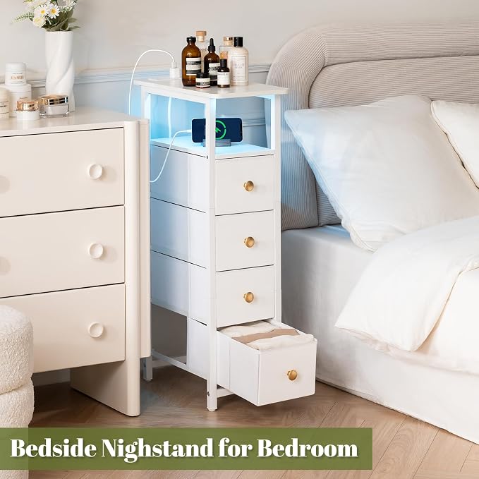 Yoobure LED Narrow Nightstand with Charging Station - Slim Dresser for Bedroom Narrow Side Table Storage Cabinet, Small Dressers Chest of Drawers, Tall Night Stand End Table for Small Spaces, White - Image 7