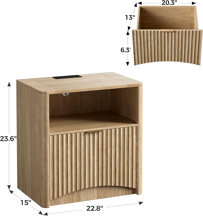 Evermagin Fluted Nightstand with Charging Station, Natural Oak Bedside Table with Drawer and Storage, Wood End Table Mid Century Modern, Large Night Stand for Bedroom - Image 2