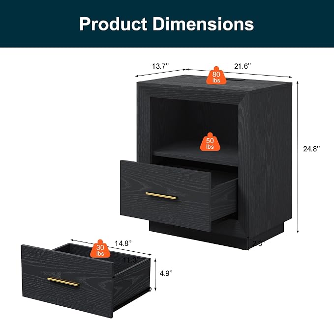 RoyalCraft Black Nightstand with Charging Station Set of 2: Bedside Table with Spacious Drawer & Storage Cabinet, 2 Outlets & USB Type-C for Bedroom Dorm - Image 2
