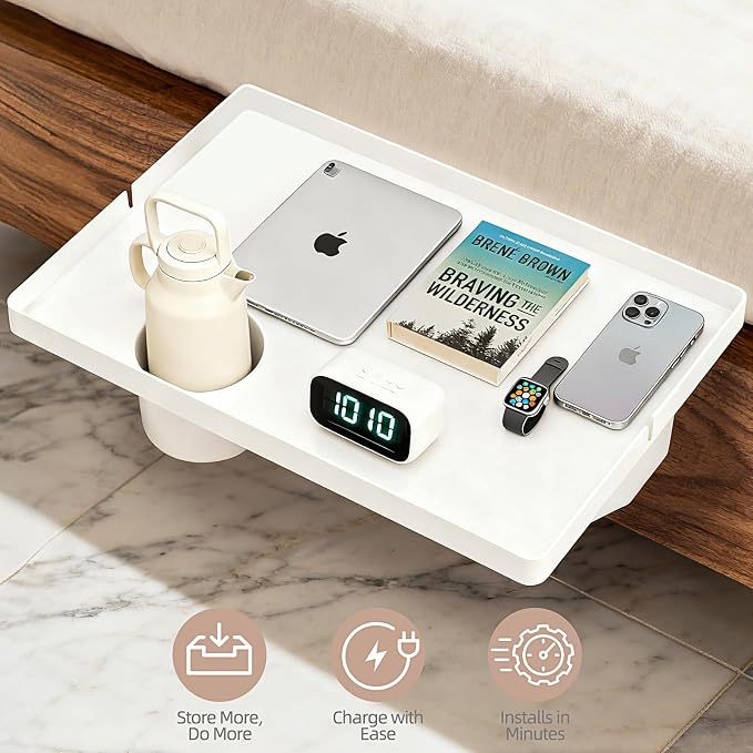 Bedside Shelf Dorm Bunk Bed, Bedside Caddy Shelf Dorm Bed, No Drill College Nightstand Organizer for Personal Items Books Glasses Apartment Bedroom Compact Space Solution Large+White - Image 7