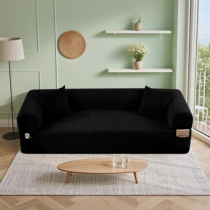 83'' Boneless Couch 3-Seater Floor Sofa No Assembly Needed Corduroy Small Couch for Living Room, Cloud Sofa with 2 Pillows & Storage Bag Couches in A Box for Office, Black
