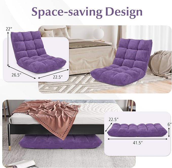 14-Position Floor Sofa, Folding Gaming Sofa Chair, Comfy Cushions & Study Steel Frame, Angle Adjustable Sleeper Bed, Couch Recliner (Purple)