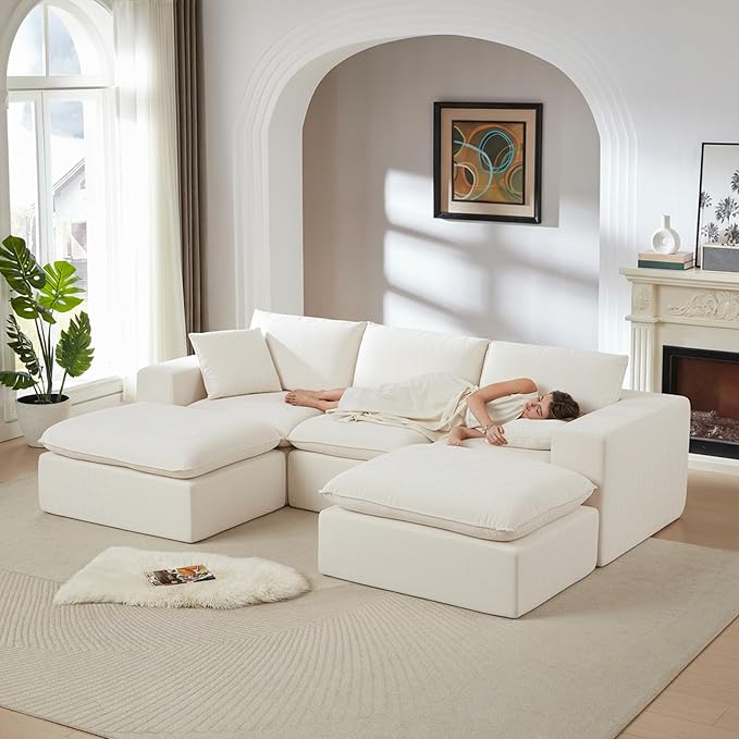 Cloud Modular Sectional Couches Boneless Sofa for Living Room, Oversized U Shaped Floor Couch with Movable Ottomans, Memory Foam Compressed 4 Seater Sofa for Bedroom Apartment | Plush, Wider Armrest, Free Combination