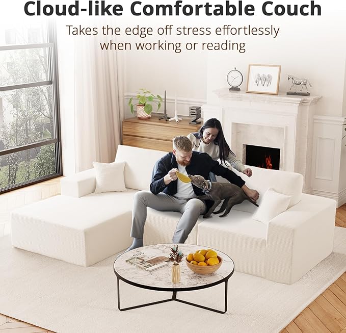 108" L-Shaped Boneless Couch, High Seat Modular Sectional Sofa with Moveable Ottoman, Corduroy Cloud Couches for Living Room, No Assembly, Ship in a Box, White