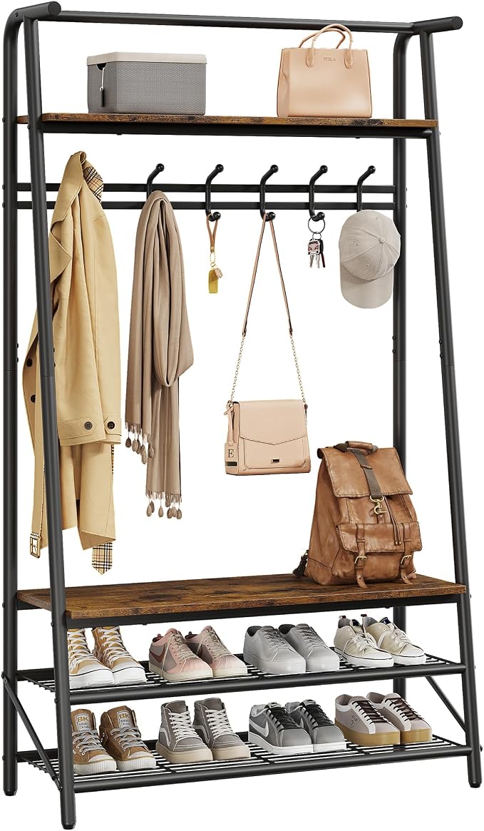 Multi-Functional Hall Tree Coat Rack with Bench & Shoe Storage – Freestanding Metal Frame, 5 Hooks, Clothes Rail – Ideal for Entryway, Hallway, Mudroom – Rustic Brown – 100 Single Row Hooks by Unknown