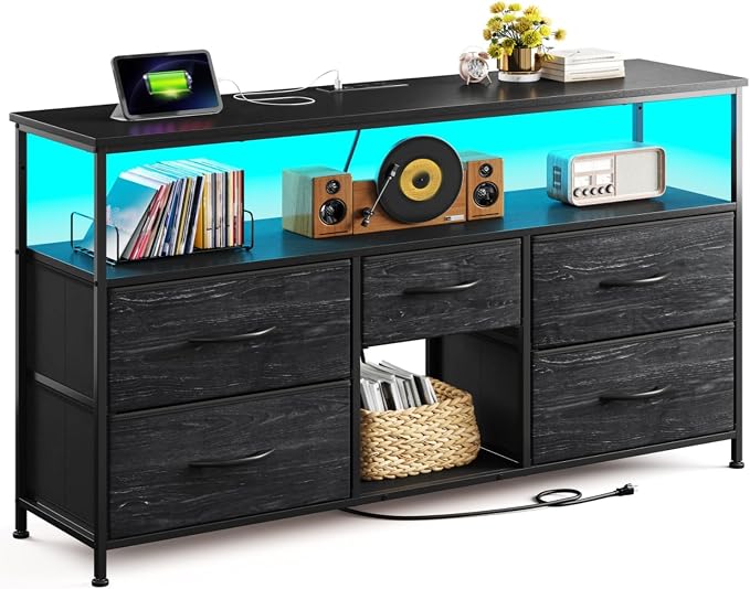 Romorgniz Dresser TV Stand for 50" TV with Power Outlets & LED Light, Entertainment Center with Storage 5 Fabric Drawers Dressers TV Stand for Bedroom, Living Room, Grain Black by Romorgniz