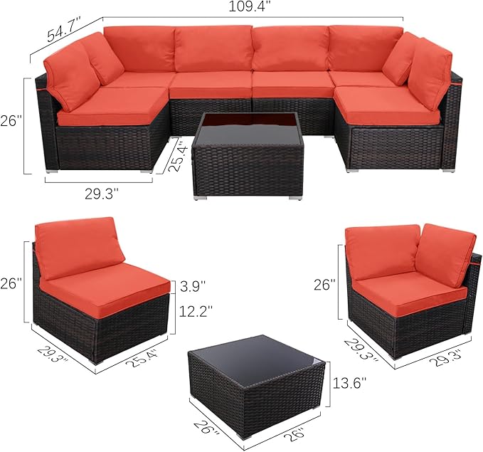CHABATREE 7 Pieces Outdoor Patio Furniture Sets,Rattan Conversation Sectional Set,Manual Weaving Wicker Patio Sofa with Tea Table