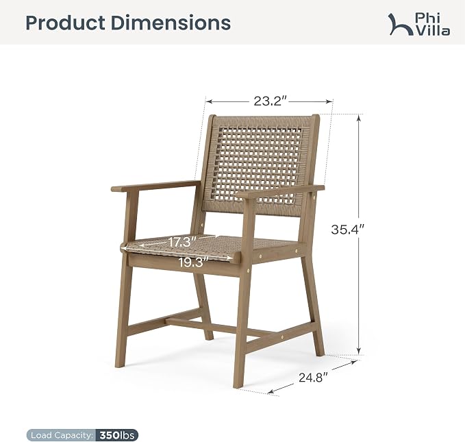 PHI VILLA Outdoor Acacia Wood Chairs Set of 2, Patio Dining Armchairs with Wicker Back & Seat, Farmhouse Style Teak Seating Furniture for Deck Yard Balcony Garden - Light Brown - Image 8