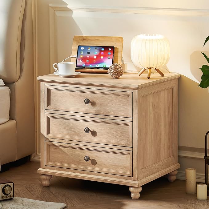 Joaxswe Farmhouse Nightstand with Charging Station, 24" Wide End Table with 3 Drawers,Natural Wood Dresser for Bedroom, Bed Side Table Chest of Drawers Cabinet,Night Stand for Living Room, Closet by Joaxswe