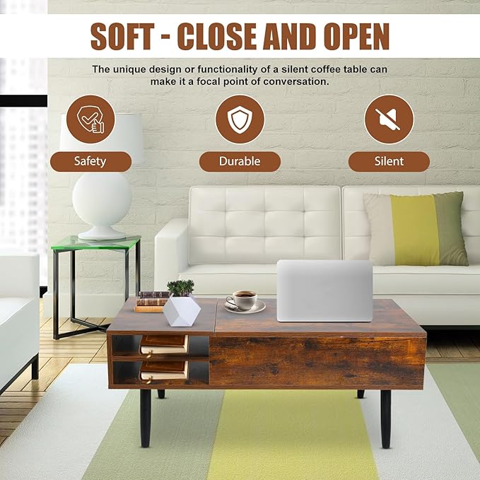 NChanmar Coffee Table for Living Room, Lift Top Coffee Table with Adjustable Storage and Hidden Compartment, Wood Center Table, Living Room Furniture for Home, Office-Brown