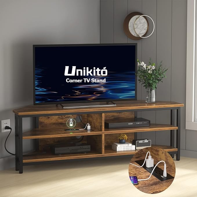 Unikito 55'' Corner TV Stand with Power Outlet, Corner Entertainment Center TV Console Table with 4 Open Storage Shelves, Metal Frame for Living Room, Bedroom, Industrial 60'' Corner TV Stand, Rustic by Unikito