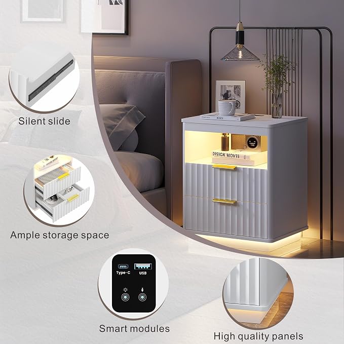 Dystler Nightstand with LED Light, Modern End Side Table with 2 Drawers and Open Storage, Smart Bedside Table with Charging Station & Human Sensor for Bedroom, White - Image 6