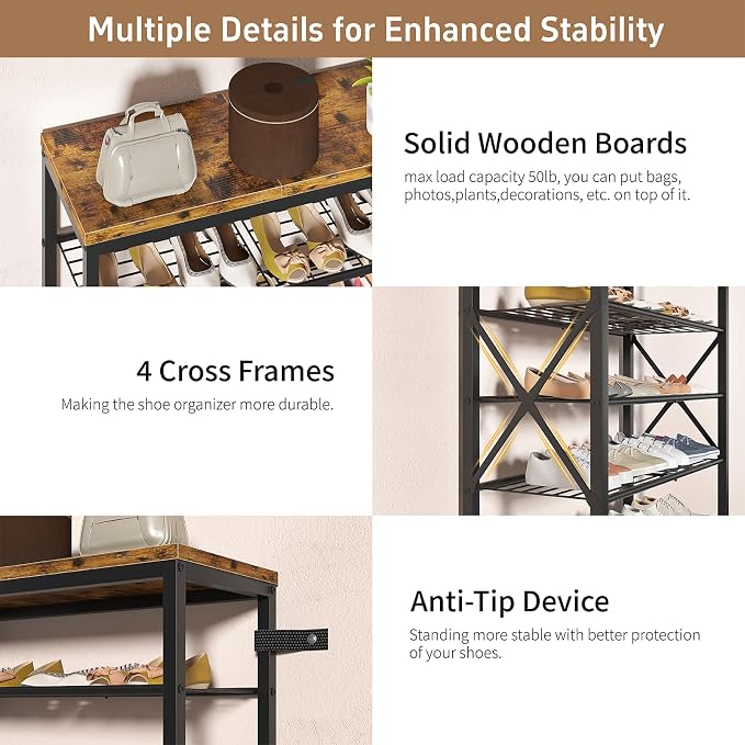 8-Tier Metal Shoe Rack for 32 Pairs, Heavy-Duty Shoe Organizer with Rustic Wooden Top, Space-Saving Entryway Shoe Storage for Closet, Garage, Hallway, Bedroom, Black & Rustic Brown - Image 4