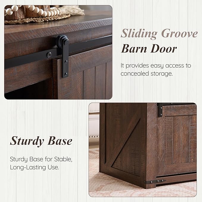 48" Lift Top Coffee Table, Farmhouse Cocktai with Sliding Groove Barn Door, Rustic Wood Center Table w/Double Storage Spaces for Living Room, Brown