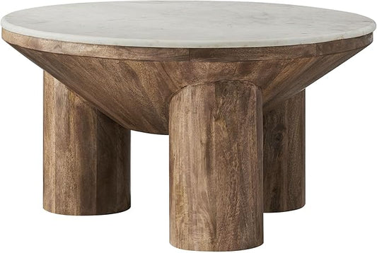 Modway Ellison 33 Inch Round Mango Wood Coffee Table in Walnut with Marble Top – Modern Drum Coffee Table for Living Room – Round Marble Center Table with Solid Wood Base