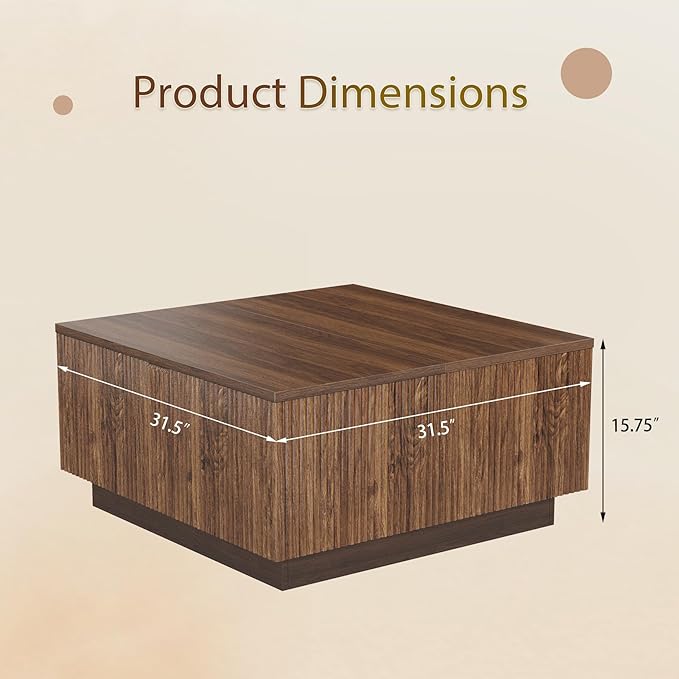 Lift Top Coffee Table, Farmhouse Square Fluted Center Table, 31" Modern Wooden Tea Table with Hidden Storage for Living Room, Apartment, Small Spaces, Brown Walnut