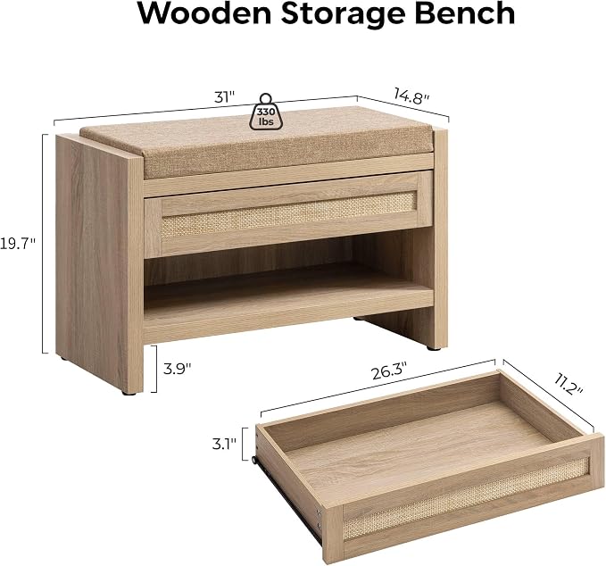 SICOTAS Rattan Shoe Bench Entryway Bench with Storage Drawer and Linen Seat Cushion, Farmhouse Boho Shoe Rack with Shelf, Wooden Storage Bench for Entryway Hallway and Bedroom, Light Oak, 2PCS - Image 2